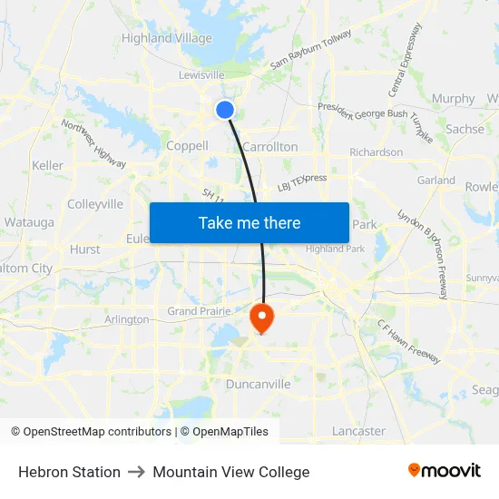Hebron Station to Mountain View College map