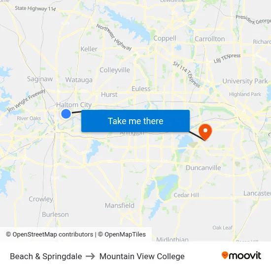 Beach & Springdale to Mountain View College map