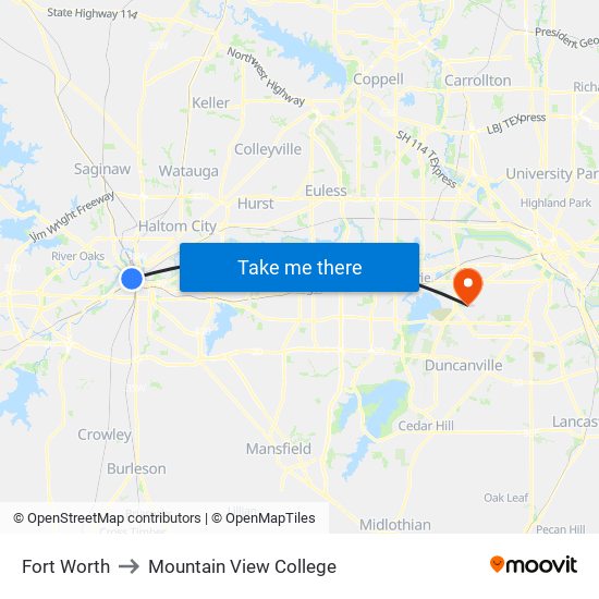 Fort Worth to Mountain View College map