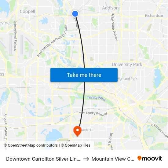 Downtown Carrollton Silver Line Station to Mountain View College map