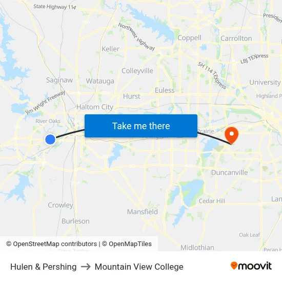 Hulen & Pershing to Mountain View College map