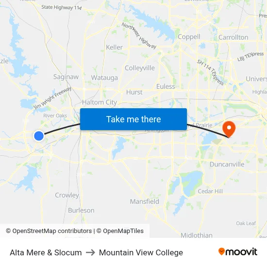 Alta Mere & Slocum to Mountain View College map