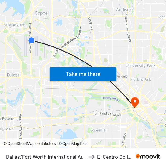 Dallas/Fort Worth International Airport to El Centro College map