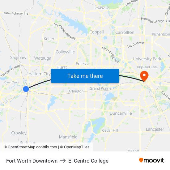 Fort Worth Downtown to El Centro College map