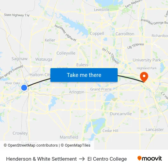 Henderson & White Settlement to El Centro College map