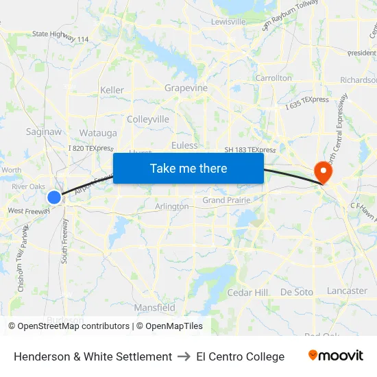 Henderson & White Settlement to El Centro College map