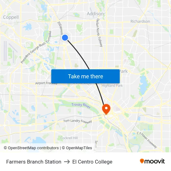 Farmers Branch Station to El Centro College map