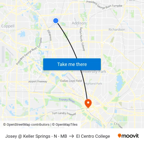 Josey @ Keller Springs - N - MB to El Centro College map