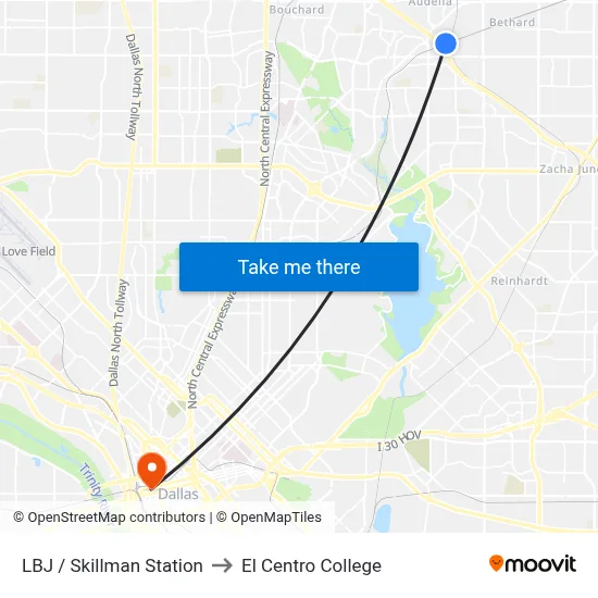 LBJ / Skillman Station to El Centro College map