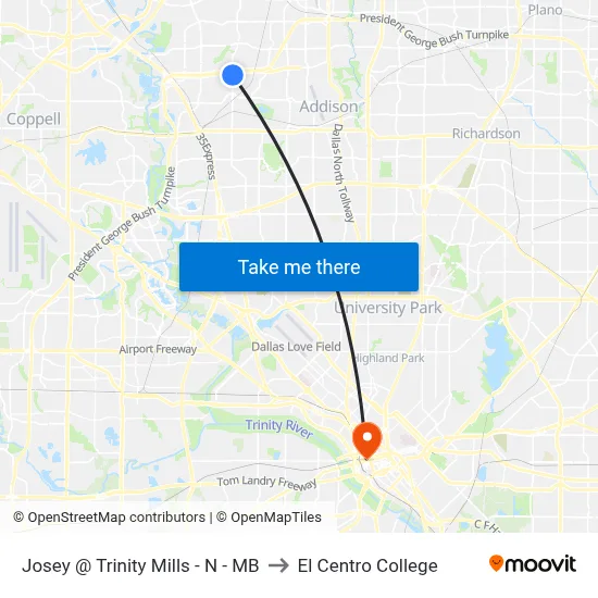 Josey @ Trinity Mills - N - MB to El Centro College map