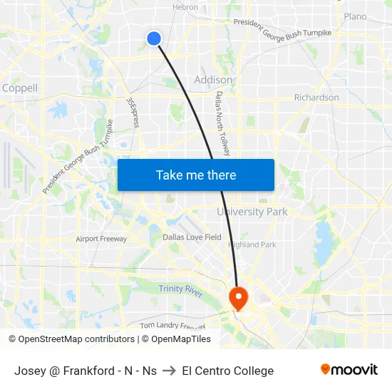 Josey @ Frankford - N - Ns to El Centro College map