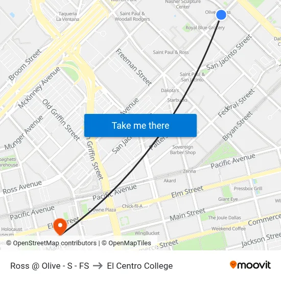 Ross @ Olive - S - FS to El Centro College map