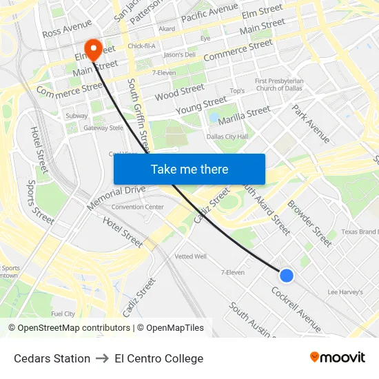 Cedars Station to El Centro College map