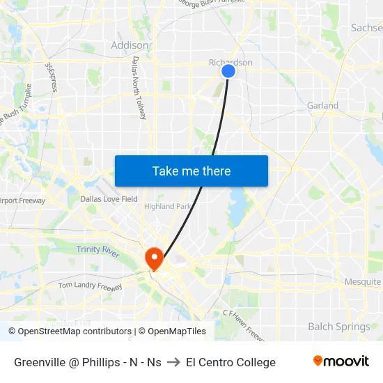Greenville @ Phillips - N - Ns to El Centro College map