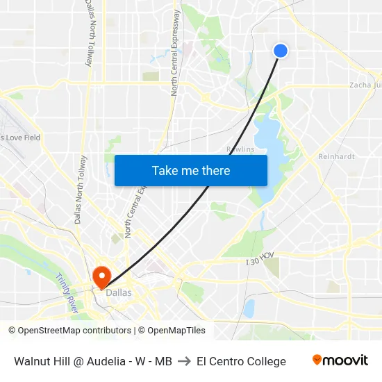 Walnut Hill @ Audelia - W - MB to El Centro College map