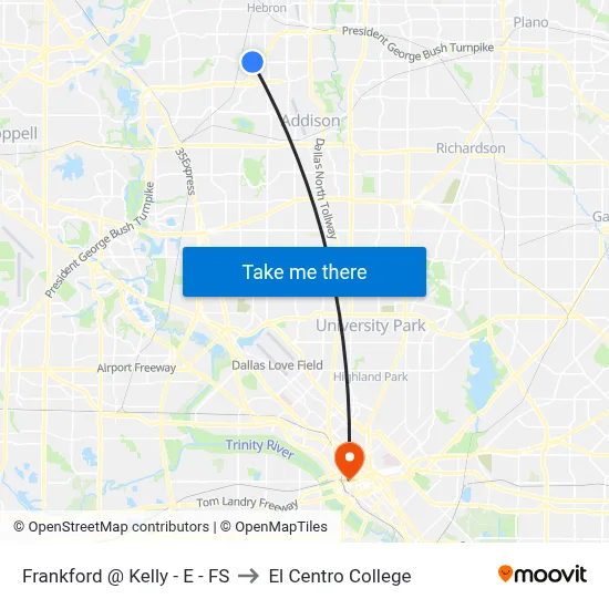 Frankford @ Kelly - E - FS to El Centro College map