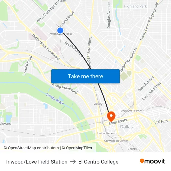 Inwood/Love Field Station to El Centro College map
