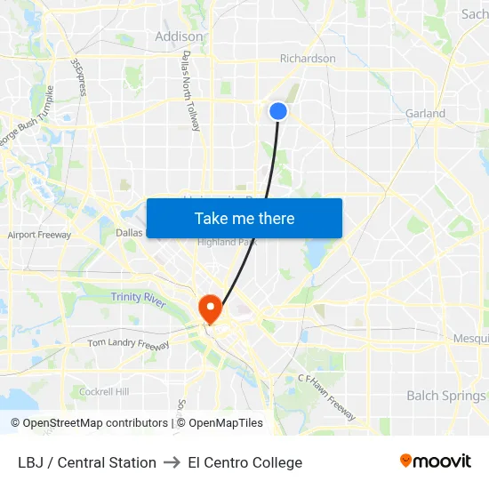 LBJ / Central Station to El Centro College map