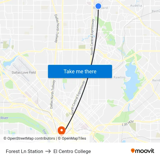 Forest Ln Station to El Centro College map