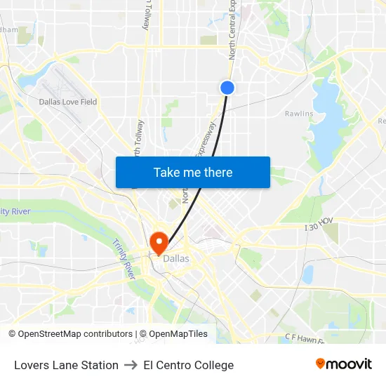 Lovers Lane Station to El Centro College map