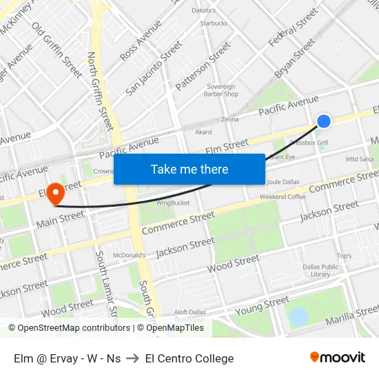 Elm @ Ervay - W - Ns to El Centro College map