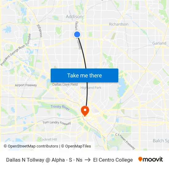 Dallas N Tollway @ Alpha - S - Ns to El Centro College map