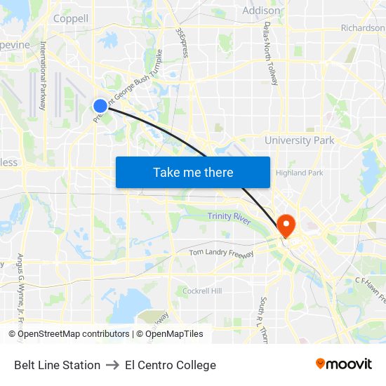 Belt Line Station to El Centro College map