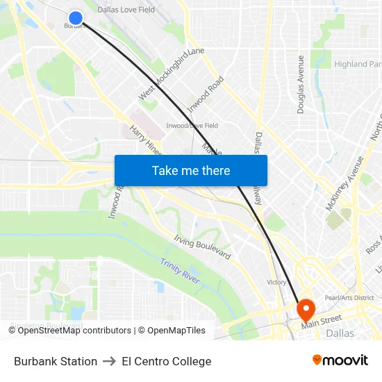 Burbank Station to El Centro College map