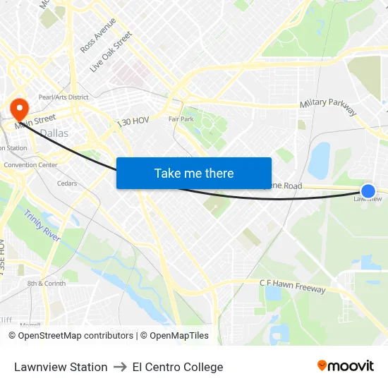 Lawnview Station to El Centro College map