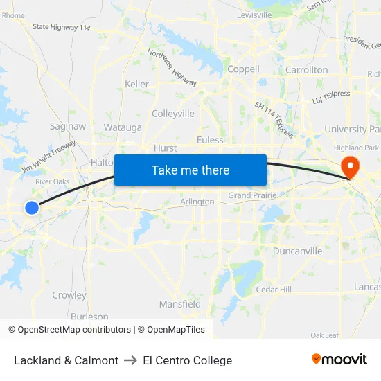 Lackland & Calmont to El Centro College map