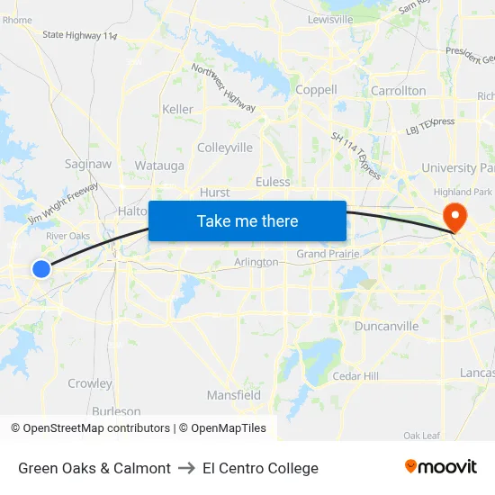 Green Oaks & Calmont to El Centro College map