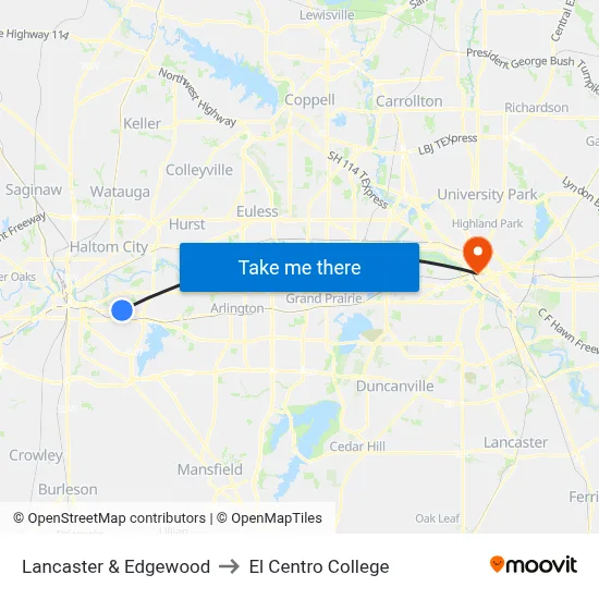 Lancaster & Edgewood to El Centro College map