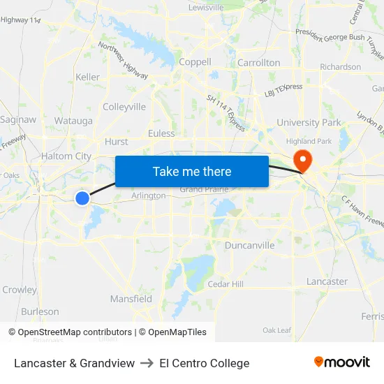 Lancaster & Grandview to El Centro College map