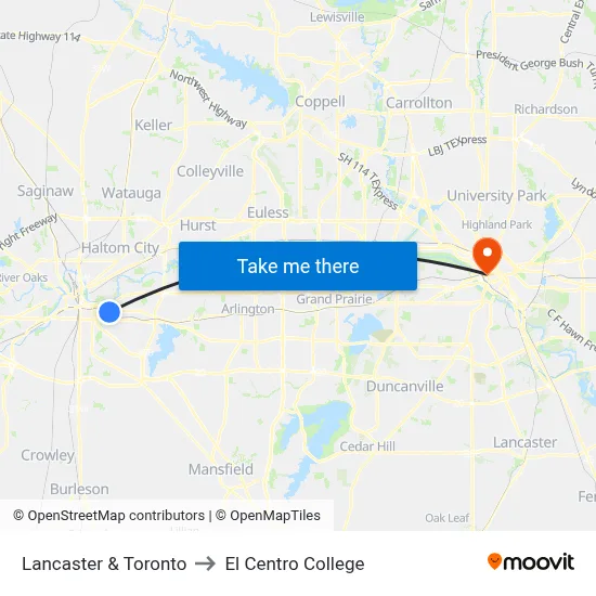 Lancaster & Toronto to El Centro College map
