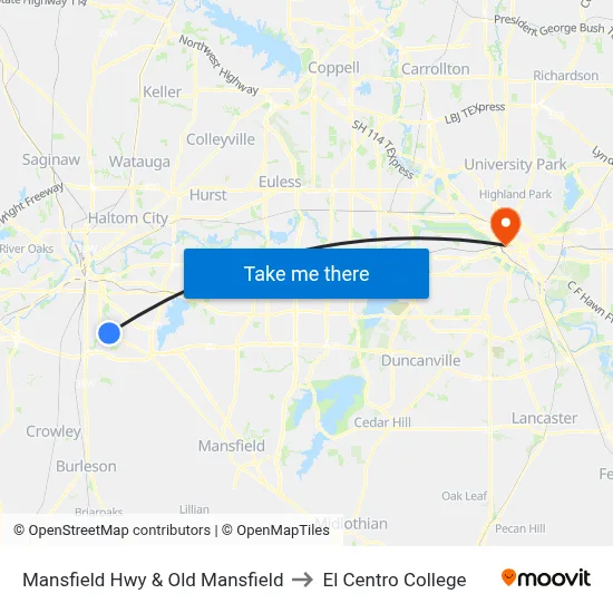 Mansfield Hwy & Old Mansfield to El Centro College map
