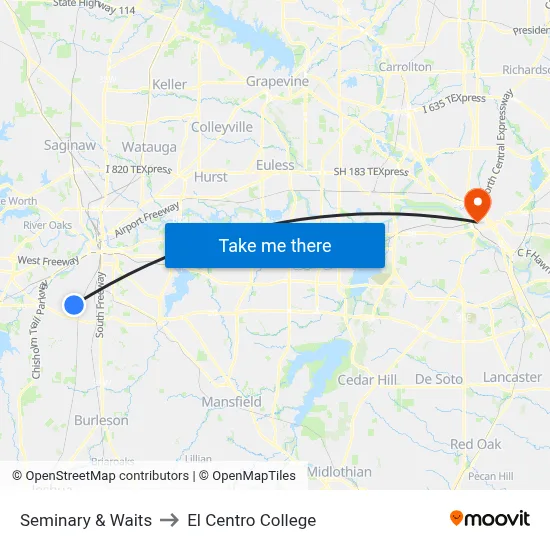 Seminary & Waits to El Centro College map
