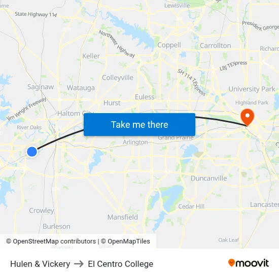 Hulen & Vickery to El Centro College map