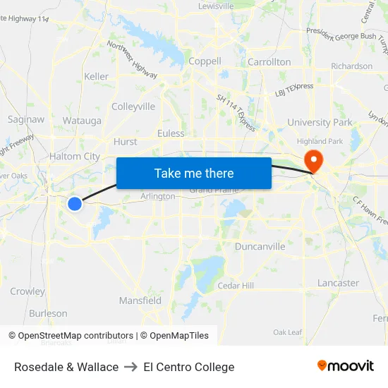 Rosedale & Wallace to El Centro College map