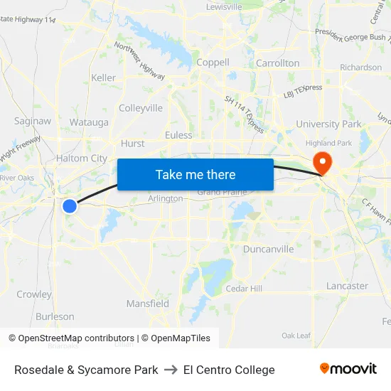 Rosedale & Sycamore Park to El Centro College map