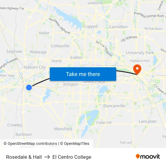 Rosedale & Hall to El Centro College map