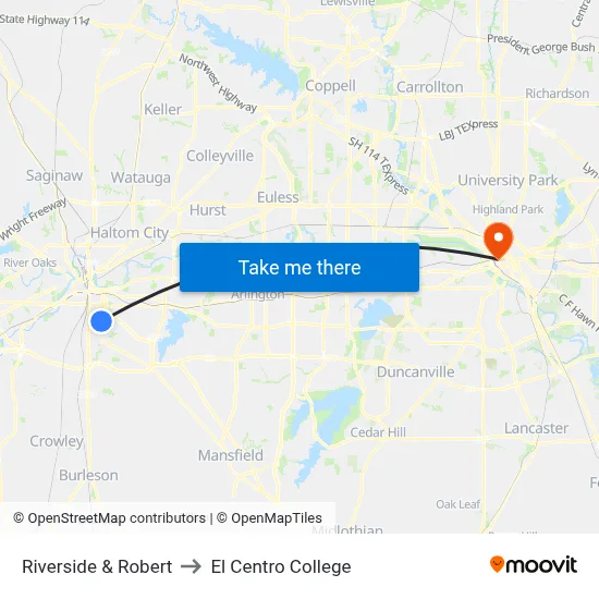Riverside & Robert to El Centro College map