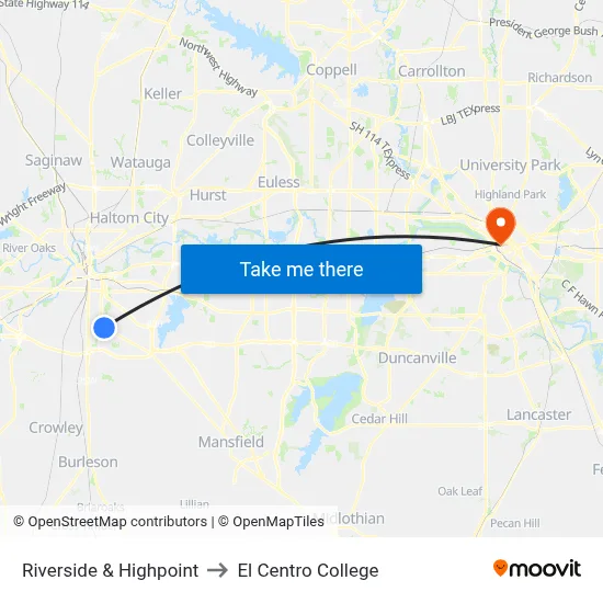 Riverside & Highpoint to El Centro College map