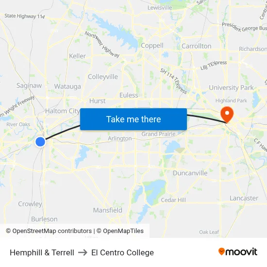 Hemphill & Terrell to El Centro College map