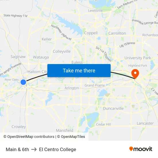 Main & 6th to El Centro College map