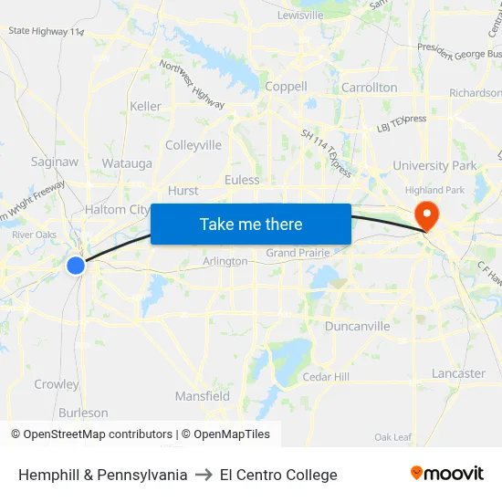 Hemphill & Pennsylvania to El Centro College map