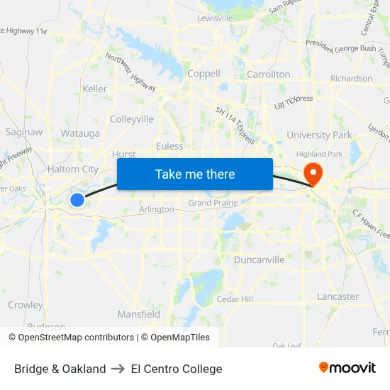 Bridge & Oakland to El Centro College map