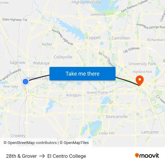 28th & Grover to El Centro College map
