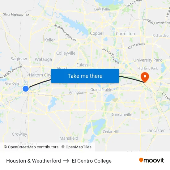 Houston & Weatherford to El Centro College map