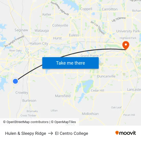 Hulen & Sleepy Ridge to El Centro College map