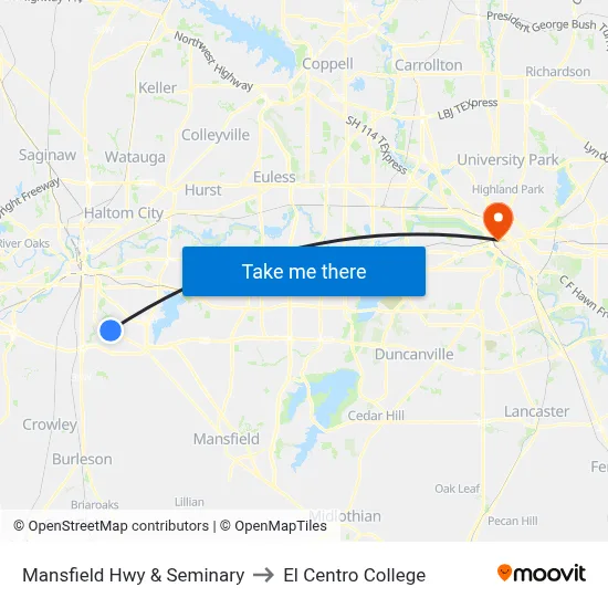Mansfield Hwy & Seminary to El Centro College map